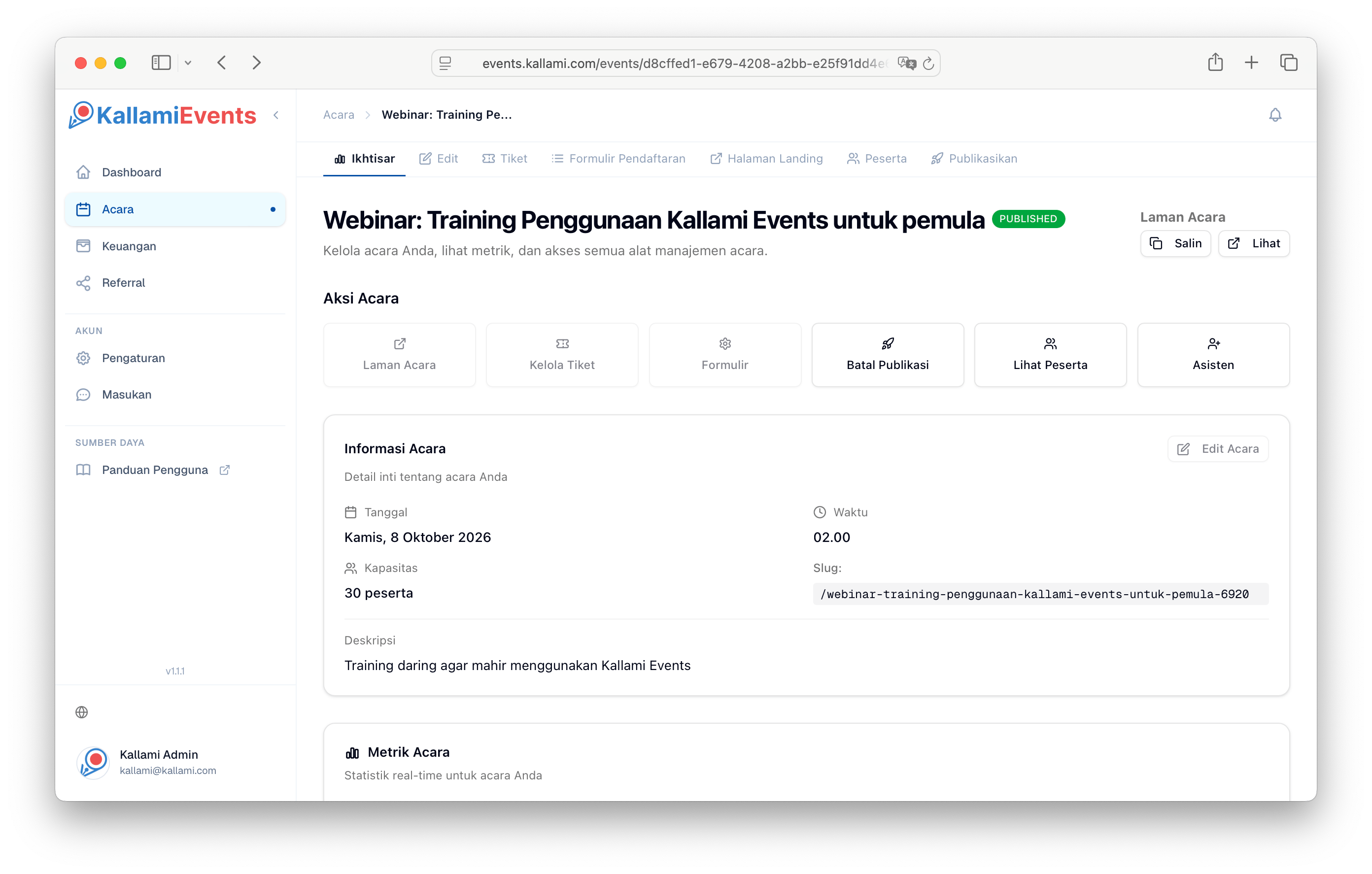 Dashboard Kallami Events - Antarmuka manajemen acara